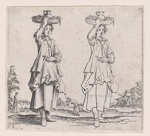 Jacques Callot, La Paysanne Vue de Face, Tenant un Panier sur sa Tête (The Peasant Woman Viewed from the Front with a Basket on her Head), from "Varie Figure" (Various Figures)