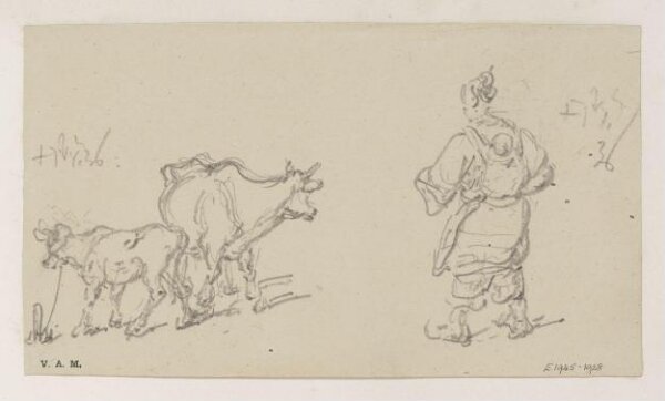 George Chinnery, A cow and calf, and a boatwoman with a child on her back