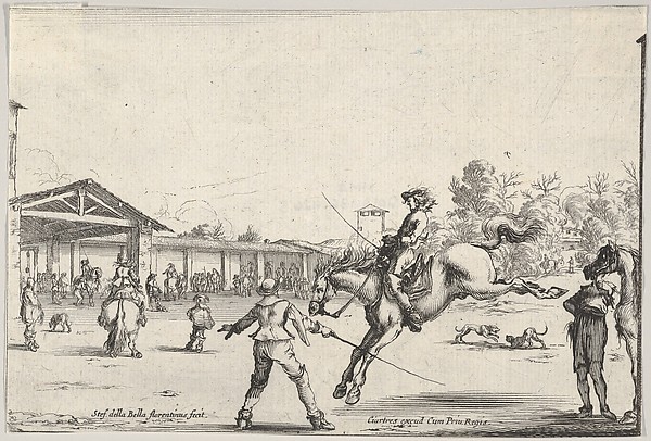 Stefano della Bella, A riding school, a horseman with sword jumping directed by another man with a sword in center, a man standing next to his horse to right, various horsemen, the school, and two dogs in the background, from "Varie Figure"