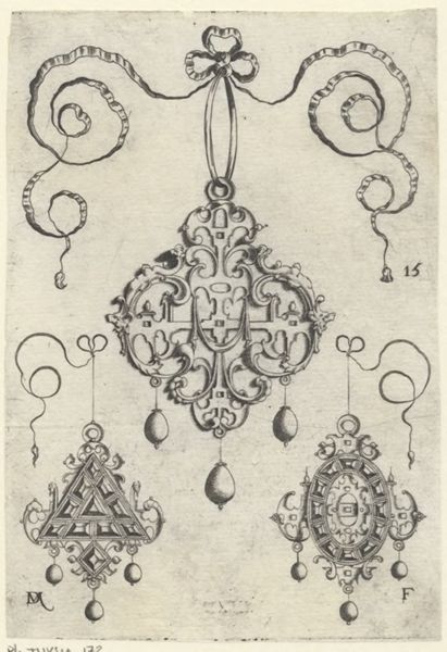 Mignot, Daniel, (active 1593-1596), (printmaker), Strapwork pendants: Three strapwork pendants, the lower ones triangular and oval