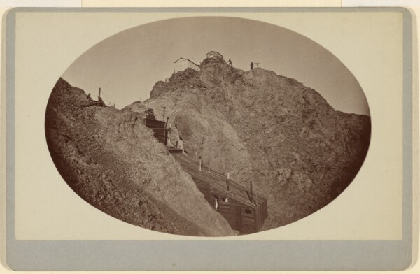 Carleton Watkins, [Mountain Top with Men, Equipment and Hut]