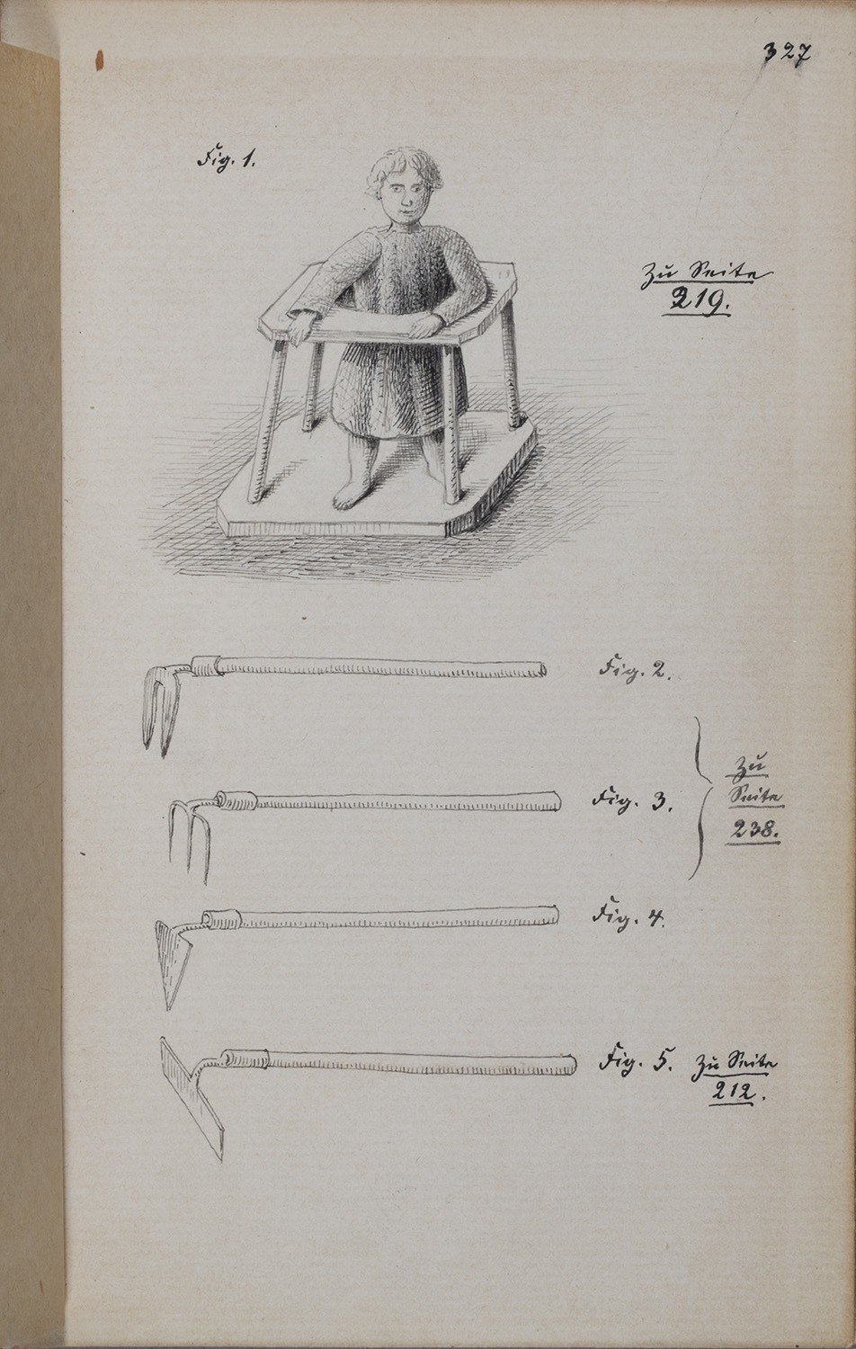 Johann Gottlob Runge, Gahry (Kr. Cottbus): Fünf Zeichnungen auf einem Blatt (Ackergeräte darüber ein Kleinkind in einem Laufständer)