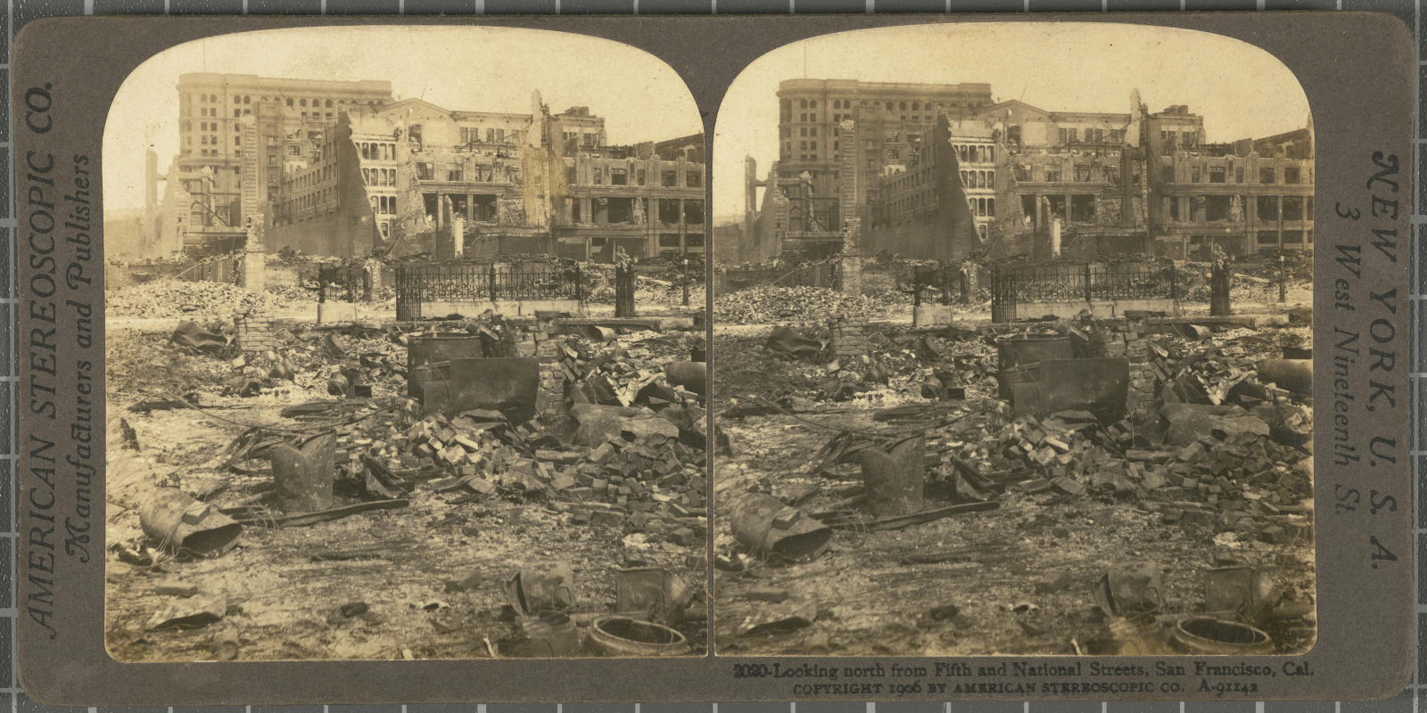 Desconegut, Looking forward from National Streets, San Francisco, Cal. Justification of the title, registered title American Stereoscopic Company