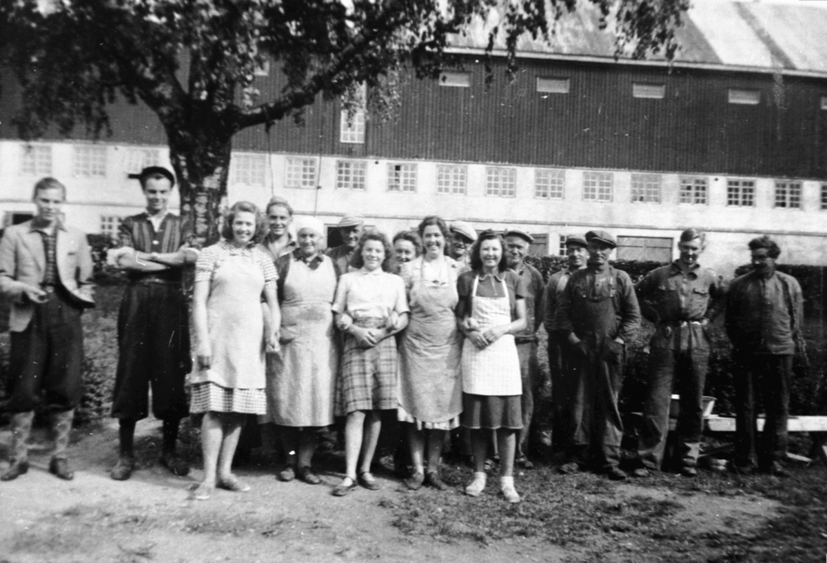 Anno Domkirkeodden, 16 personer samlet foran låven på Hovelsrud, Helgøya. Fra venstre Agronom ?, Nils Olssøn, Aslaug Haugom, agronom ?, Albertine Engeland, Johan Engeland, Margit Solbakken, Vesla Olssøn, kokke Olga Bekkestuen, ?, Toril Konstad, Adolf Engeland, Karl Slåtten, Olaf Slåtten, Tomas Solbakken.