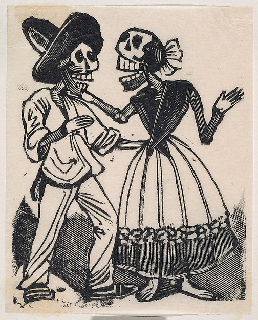 José Guadalupe Posada, A skeleton in farming clothes speaking to a skeleton in a dress, from a broaside entitled 'La Calavera de Cupido', published by Antonio Vanegas Arroyo.