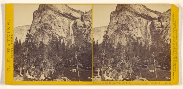 Carleton Watkins, Pohono, or the Bridal Veil, 900 feet, from the Coulterville Trail, Yosemite Valley, Mariposa Country, Cal.