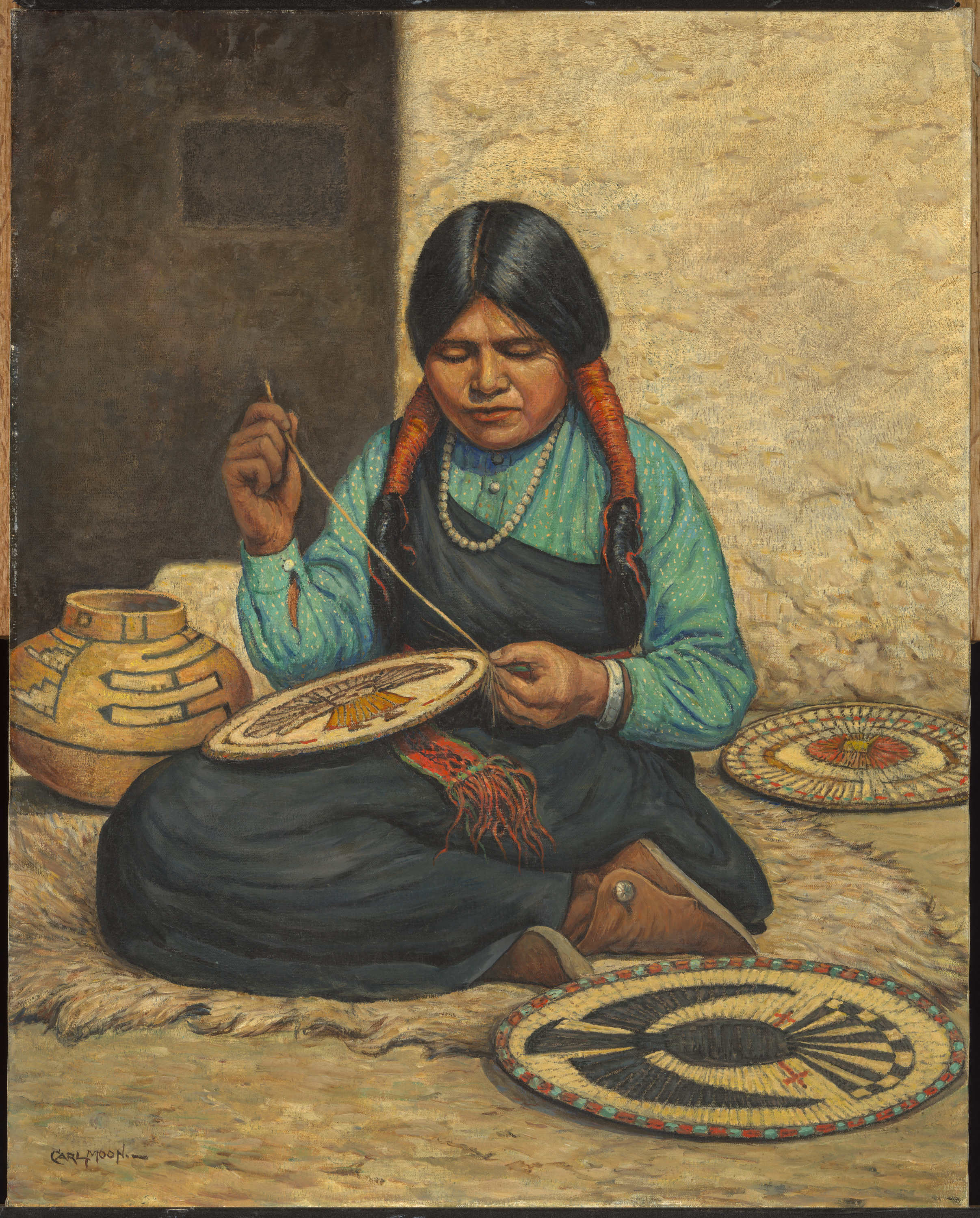 Carl Moon, Hopi Woman Weaving Plaques