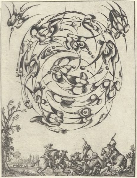 Moncornet, Balthasar, (approximately 1600-1668), (printmaker), Stylized bouquets: A bouquet above a bear hunt