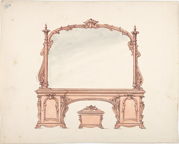Anonymous, British, 19th century, Design for a Mirrored Sideboard with Rococo Ornament, and Casket
