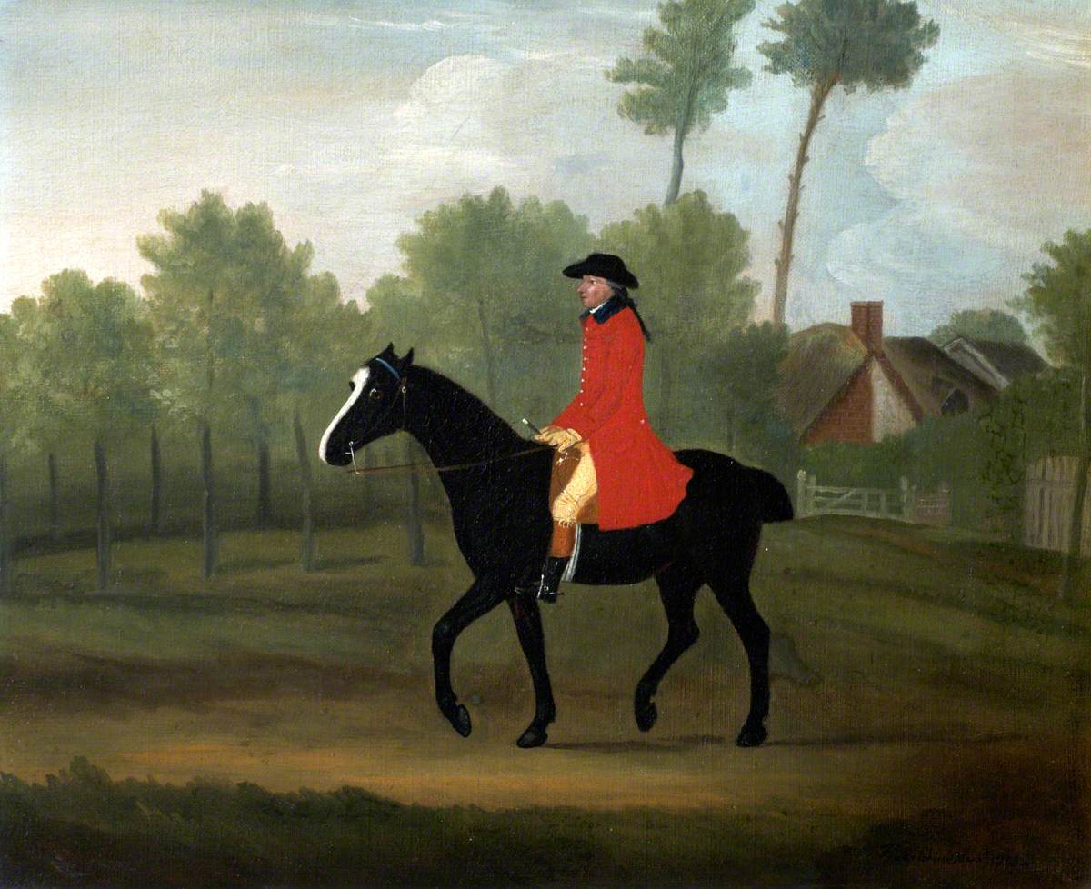 Francis Sartorius, A Huntsman on a Black Horse near a Cottage