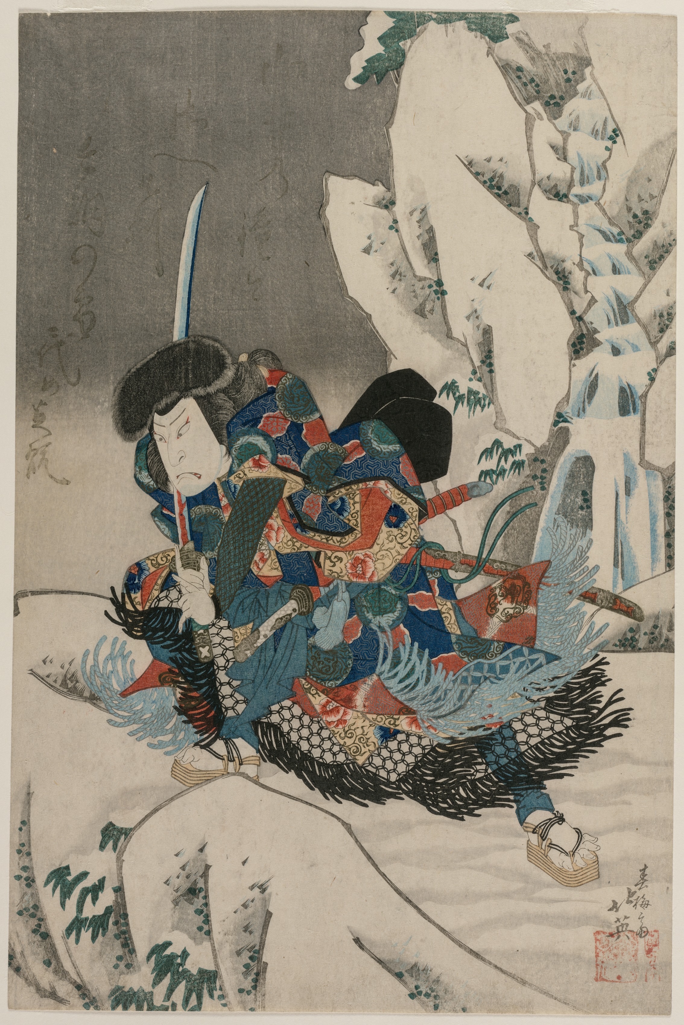 Shunbaisai Hokuei, Nakamura Utaemon IV as a Warrior Standing in the Snow