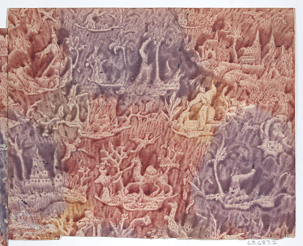 Anonymous, Sheet with figures in landscapes in red, purple, and yellow