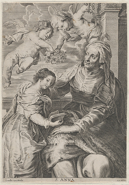 Anonymous, The education of the Virgin, with Saint Anne and the Virgin Mary reading with two putti overhead and Saint Joachim behind them at left