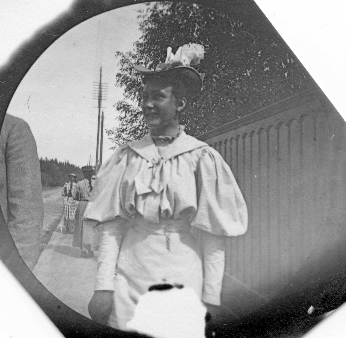 Fredrik Carl Mülertz Størmer, Frk. Solveig Berg langs en vei med gjerde. Skog i bakgrunnen.