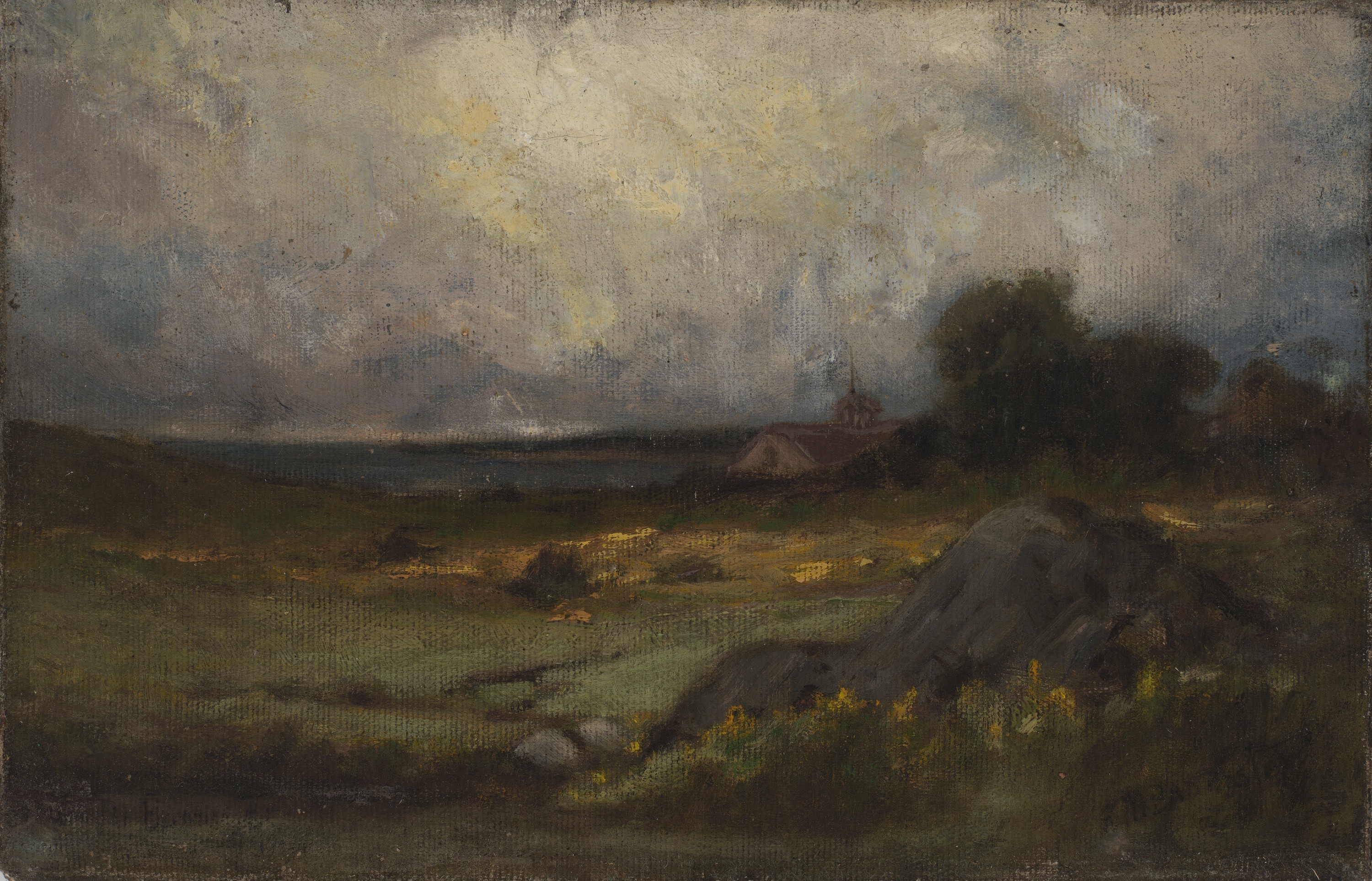Edward Mitchell Bannister, Untitled (landscape with rock in foreground and roof with steeple, lake in background)