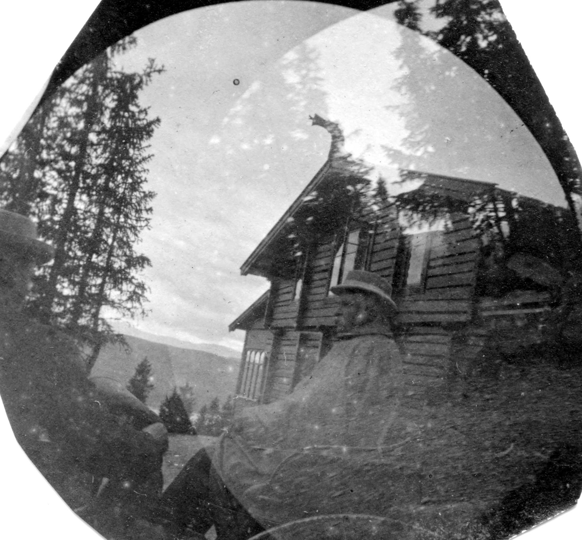 Fredrik Carl Mülertz Størmer, Golå, Sør-Fron, Oppland. Tømmerhus med dragehode i skogen. Utsikt mot dal og fjerne fjell.