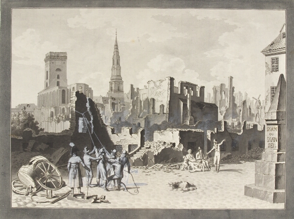 C.W. Eckersberg, Ulfeldts Plads, det nuværende Gråbrødretorv, efter englændernes bombardement i september 1807