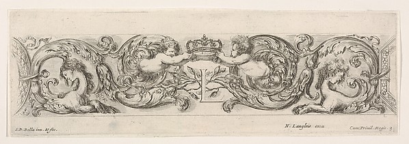 Stefano della Bella, Design for a Frieze with Two Putti holding a crown over the letter 'L' (for Louis XIV?), plate 3 from "Decorative friezes and foliage" (Ornamenti di fregi e fogliami)