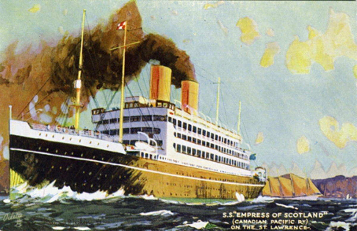 Okänd fotograf, S.S. "Empress of Scotland" (Canadian Pacific Ry) on the St. Lawrence.[.....]S.S. "Empress of Scotland".(Canadian Pacific) on the St. lawrence. Twin-screw passenger ship liner with accommodation for 1800 passenhÂ´gers, her length being 700 feet; bretah 77 feet, depth 54 feet. The gross tonnage of th…