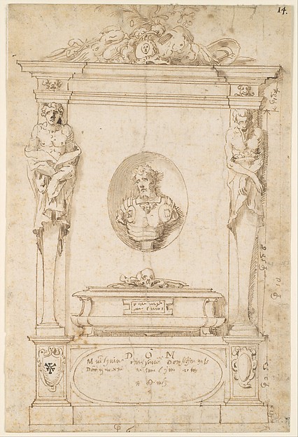 Anonymous, Italian, 16th century, Design for a Tomb with Herms and a Niche with a Bust Portrait
