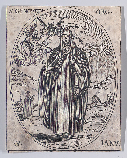 Jacques Callot, Ste. Geneviève, vierge (St. Genevieve, Virgin), January 3rd, from "Les Images De Tous Les Saincts et Saintes de L'Année" (Images of All of the Saints and Feast Days of the Year)