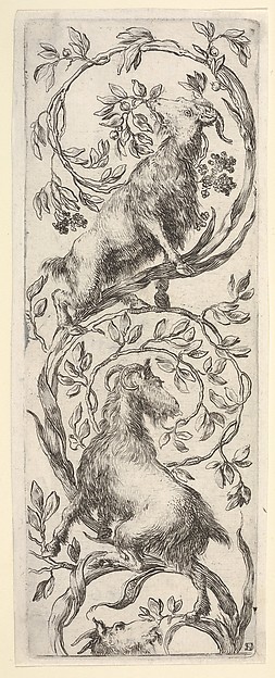 Stefano della Bella, Three goats climbing a vine in the shape of a backwards 'S', from "Ornaments or Grotesques" (Ornamenti o Grottesche)