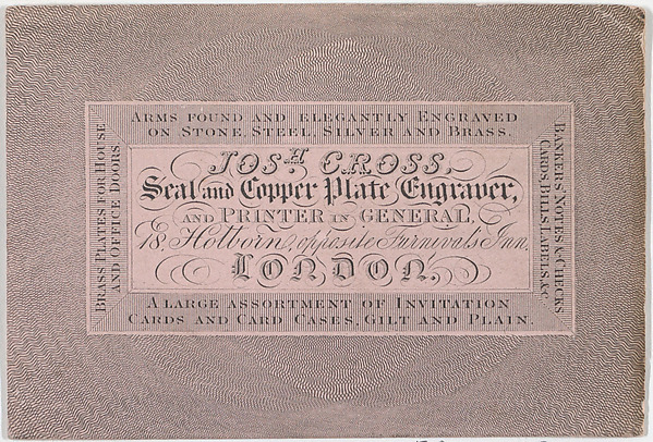 Anonymous, British, 19th century, Trade Card for Joshua Cross, Seal and Copper Plate Engraver