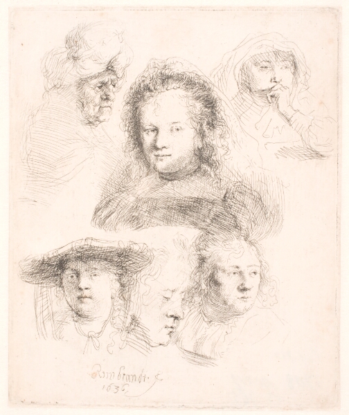 Rembrandt van Rijn, Studieblad med seks hoveder, bl.a. portræt af Saskia