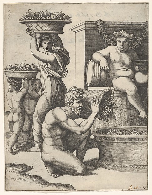 Marcantonio Raimondi, The Vintage; a man pouring grapes from a basket into a vat, above Bacchus sitting, other figures at left
