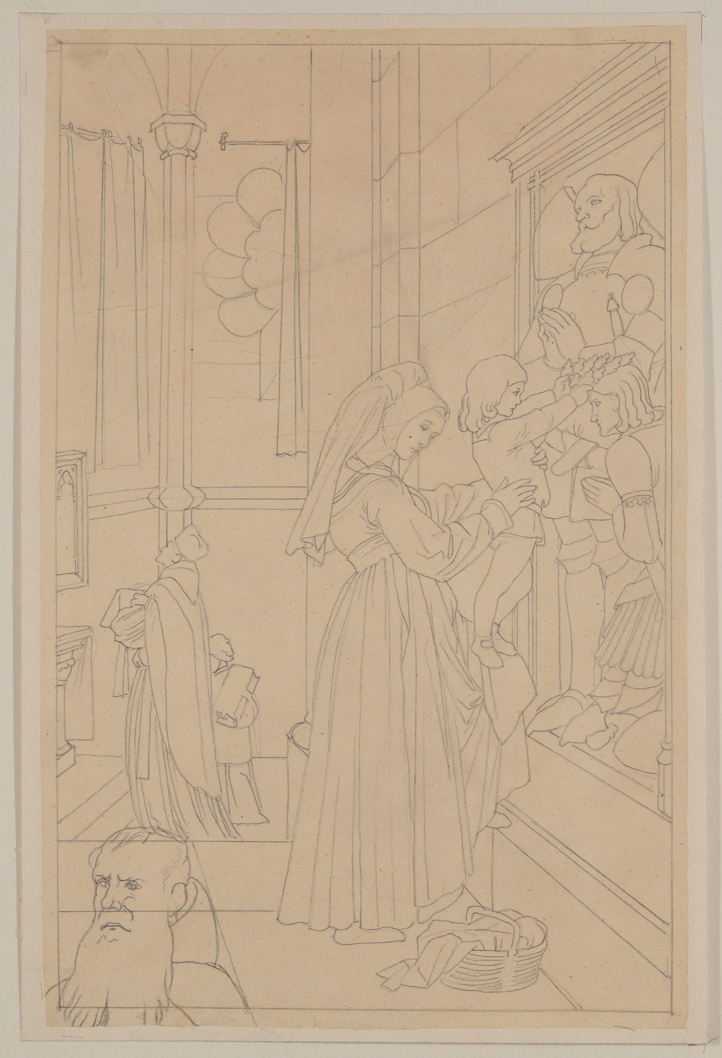 Edward von Steinle, Johannes mit seiner Mutter in der St. Georgen-Kapelle des Klosters [Illustration zu Clemens Brentanos "Chronika eines fahrenden Schülers"]