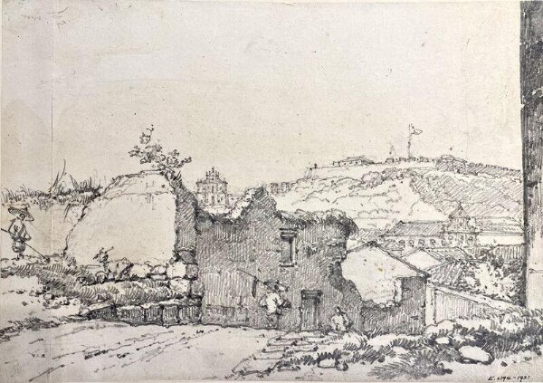 George Chinnery, Ruinous buildings, Macau, with distant views of the façade of S. Paulo, Monte Fort and S. Domingos Church
