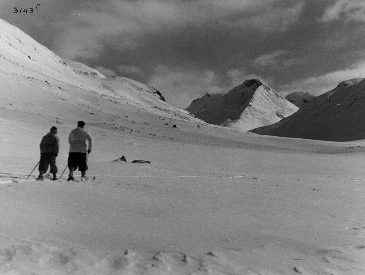 Anders Beer Wilse, Skiløpere i Uladalen i Jotunheimen med snødekte fjell og sol.