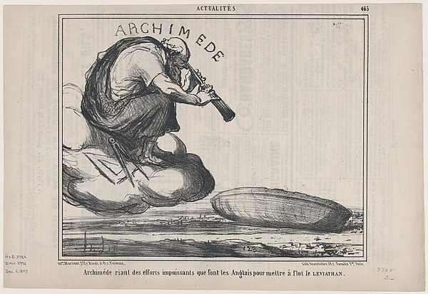 Honoré Daumier, Archimède riant des efforts impuissants que font les Anglais pour mettre à flot le Leviathan, from "Actualités"