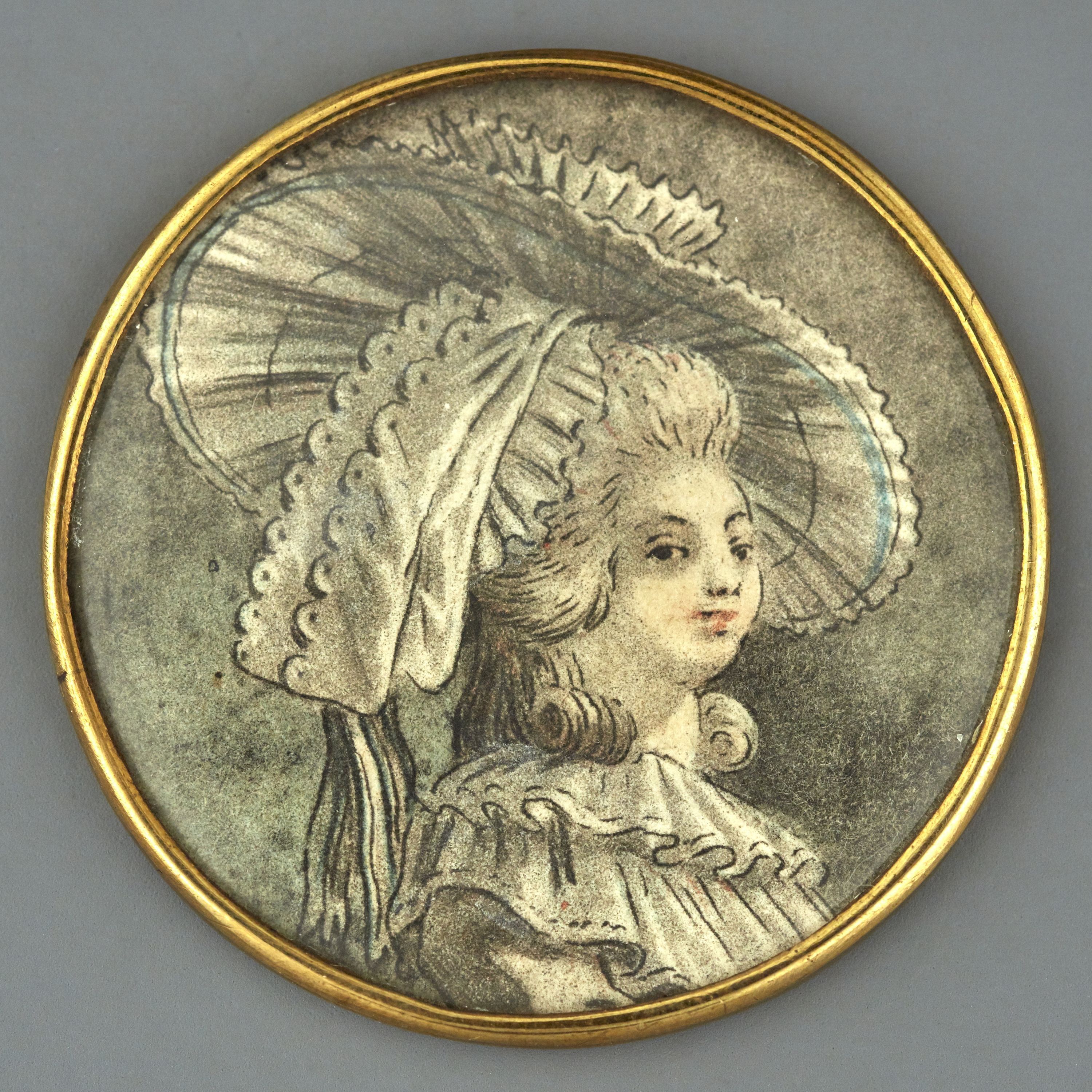 Anonyme, Bouton, dessin gravé par Janinet, aquatinte : portrait femme avec coiffure fin XVIIIe s.