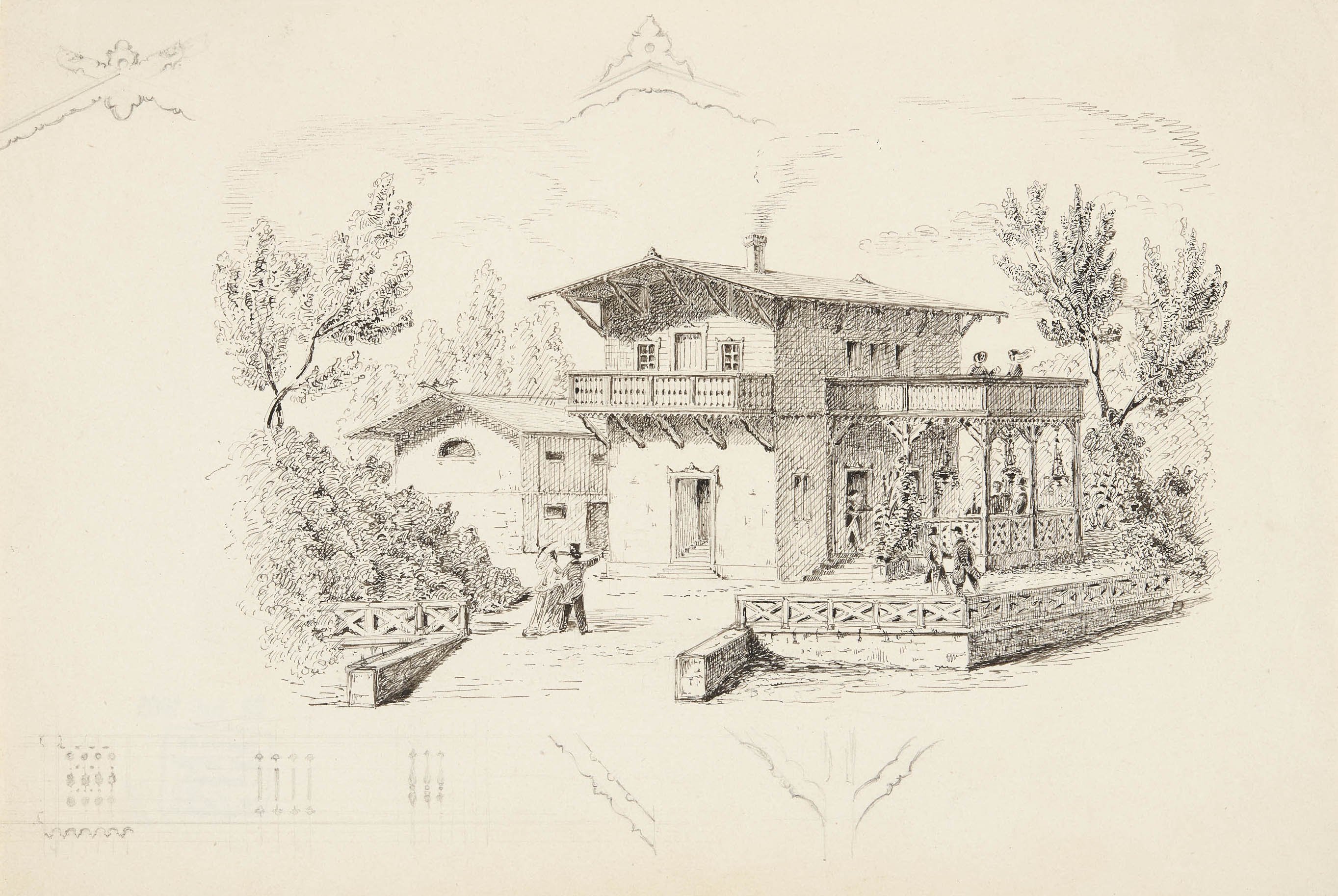 Verlag der G. Ebner'schen Kunsthandlung, Entwurf zu "Skizzen zu ländlichen Gebäuden unter Benützung des Gebirgsstyls von J. E. Zeller, Architekt. Verlag der Georg Ebnerschen Kunsthandlung Stuttgart 1851"