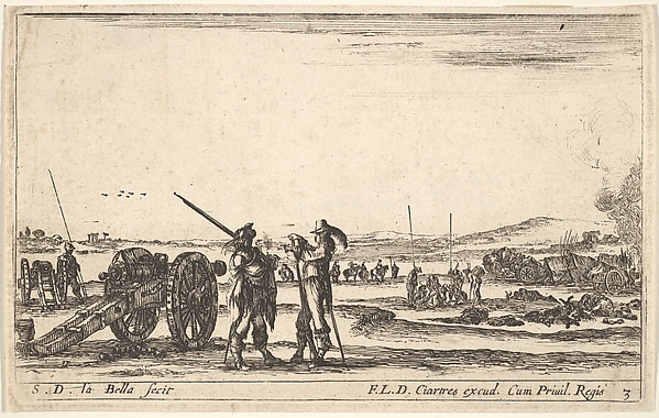 Stefano della Bella, Plate 3: An officer giving orders to a soldier in centre foreground, cannon at left, from "Various Military Caprices" (Varii capricci militari)
