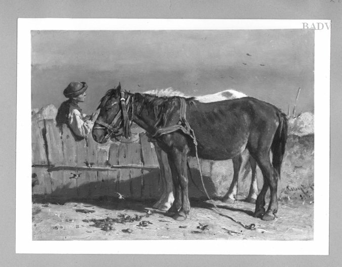 August von Pettenkofen, Horses and man near a fence