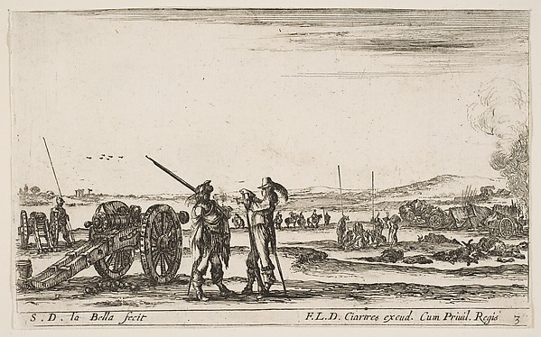 Stefano della Bella, An officer giving orders to a soldier in centre foreground, cannon at left, plate 3 from "Various Military Caprices" (Varii capricci militari)