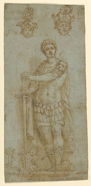 Anonymous, Italian, 16th century, Figure in Roman Dress (Publius Cornelius Scipio Africanus) and Study of Two Helmets (recto); Sketches and Latin Inscription (verso)