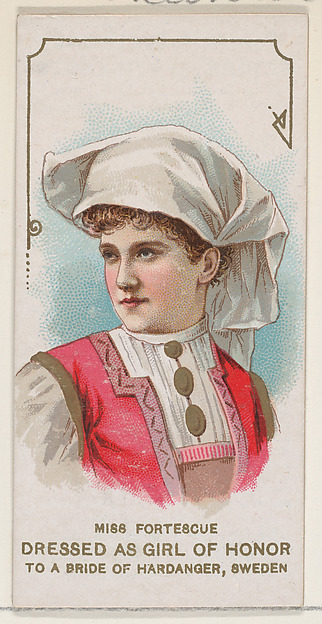 W. Duke, Sons & Co., Miss Fortescue Dressed as Girl of Honor to a Bride of Hardanger, Sweden, from the set Actors and Actresses, First Series (N70) for Duke brand cigarettes
