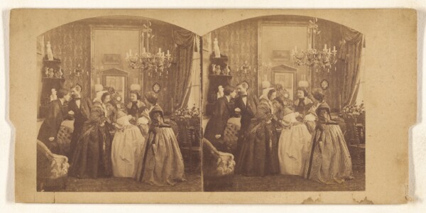 Unknown, [Group of people in a palour, one woman holding another women in her arms.]