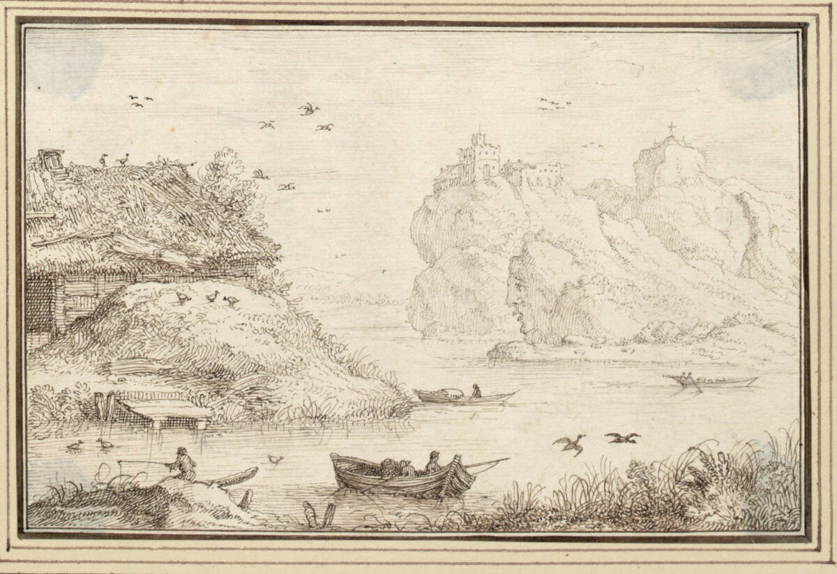 AlbertFlamen, Flußlandschaft mit Bauernhaus und Burgfelsen (ein Felsen in Form eines menschlichen Gesichtes) (I-6)