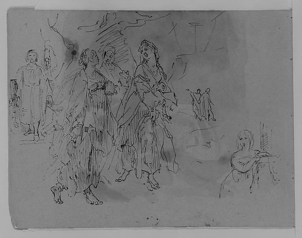 Thomas Sully, Seven Figures: Advancing Monarch, Three Promenading Women, Half-length Woman Leaning on a Mantelpiece (from Sketchbook)