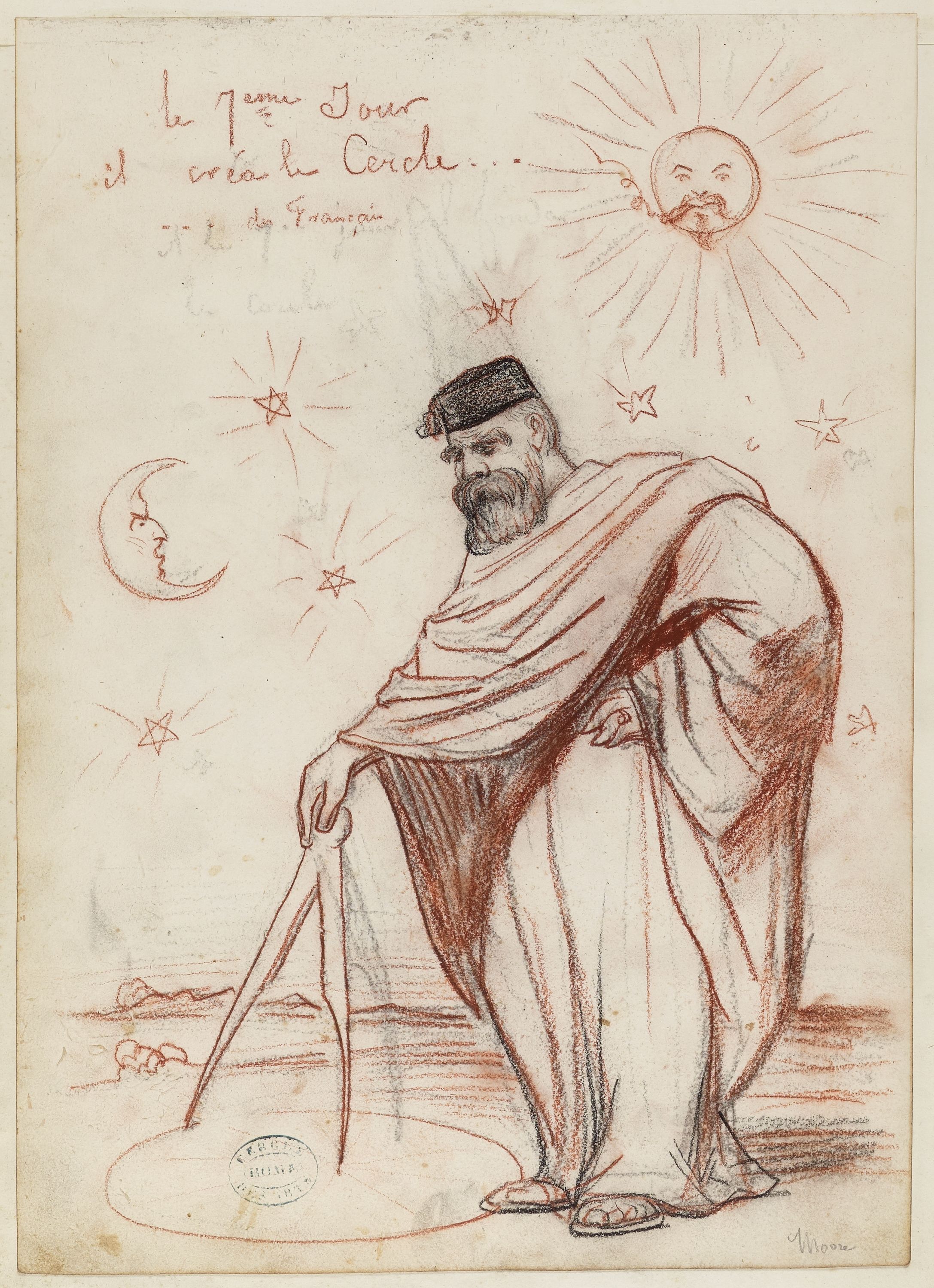 Anonyme, Portrait-charge d'un homme vêtu d'un grand manteau, traçant un cercle au sol à l'aide d'un compas (Moore) / Plusieurs croquis de portraits-charge