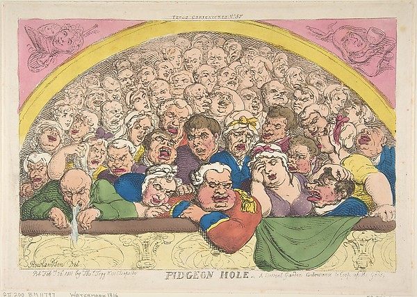 Thomas Rowlandson, Pidgeon Hole. A Convent Garden Contrivance to Coop up the Gods