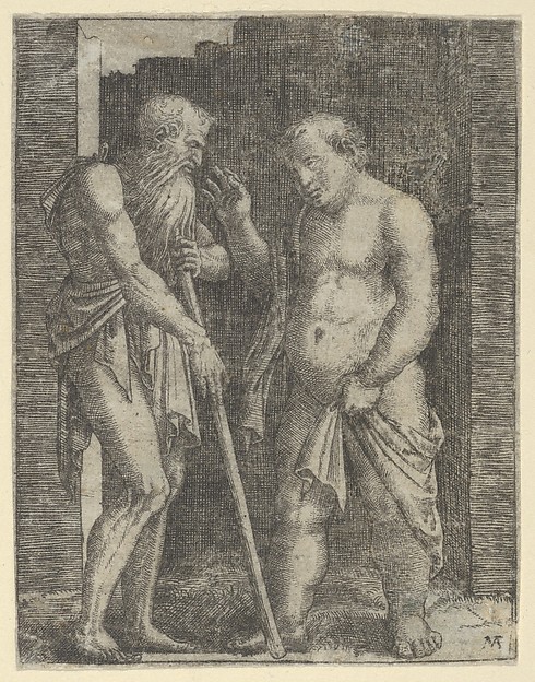 Marcantonio Raimondi, An old skinny man at left talking with a fat man at right