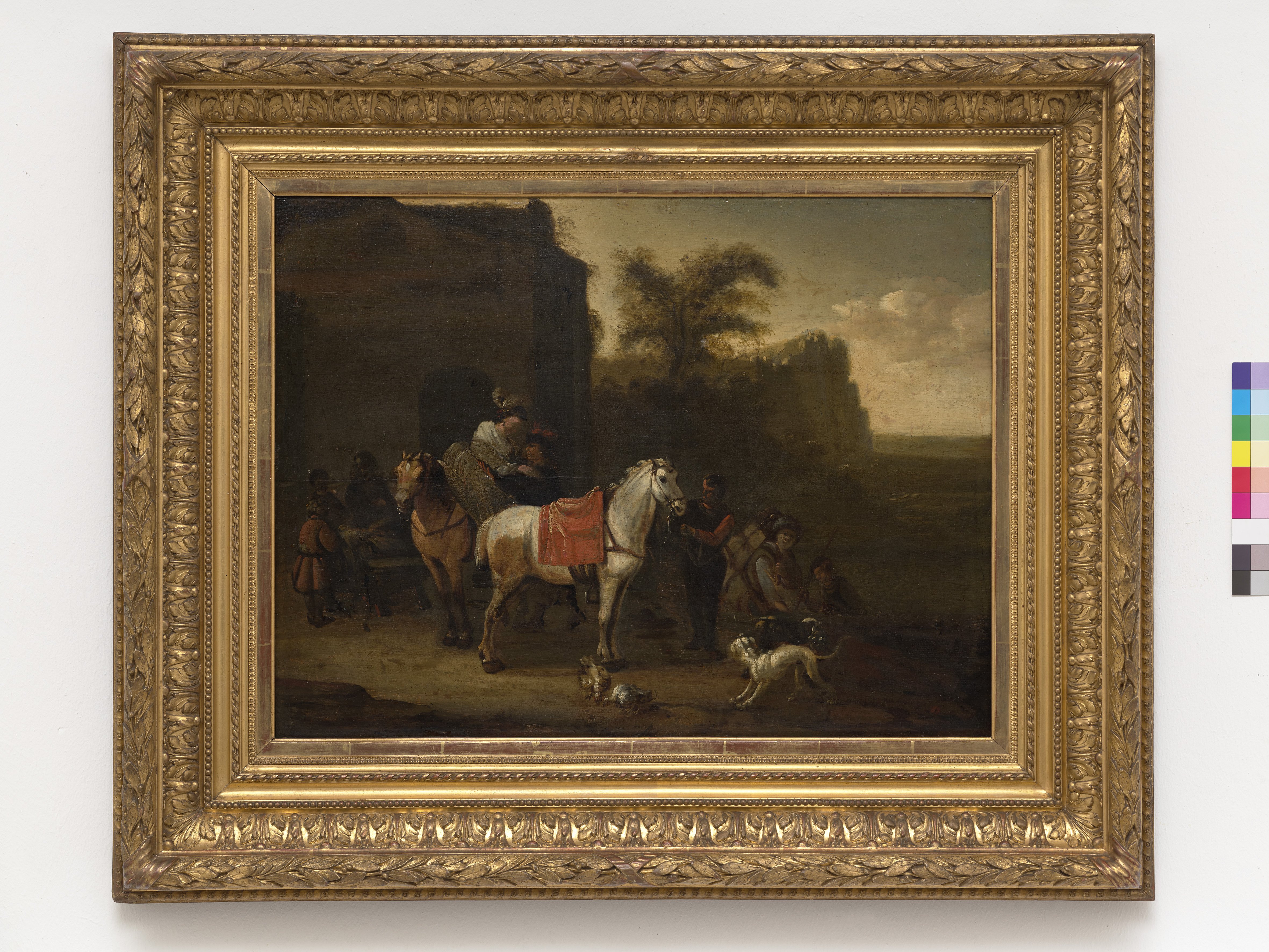 Pieter Wouwerman, Umkreis von Pieter Jacobsz. van Laer (ca. 1599- 1642) und Art des Pieter Wouwerman (1623- 1682), Rast an einer Herberge, Rückkehr von der Jagd oder Pferde an der Schwemme, 17. Jh.