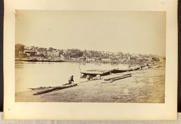 Samuel Bourne, Muttra; From the Opposite Bank of the Jumna, Bridge of Boats in the Foreground