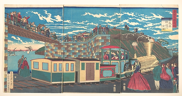 Tsukioka Yoshitoshi, Illustration of Steam Locomotive Tracks at Takanawa, from the series Famous Places in Tokyo  (Tōkyō meishō Takanawa-jōki kikansha no zen zu)