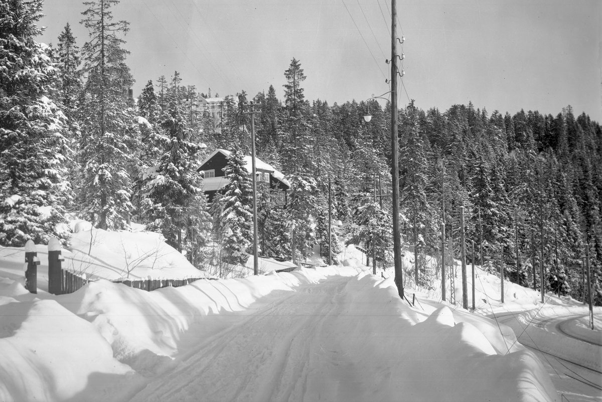 Hermann Christian Neupert, Vinterlandskap. Vei med villa i bakgrunnen. Til høyre sees trikke- eller jernbaneskinner.